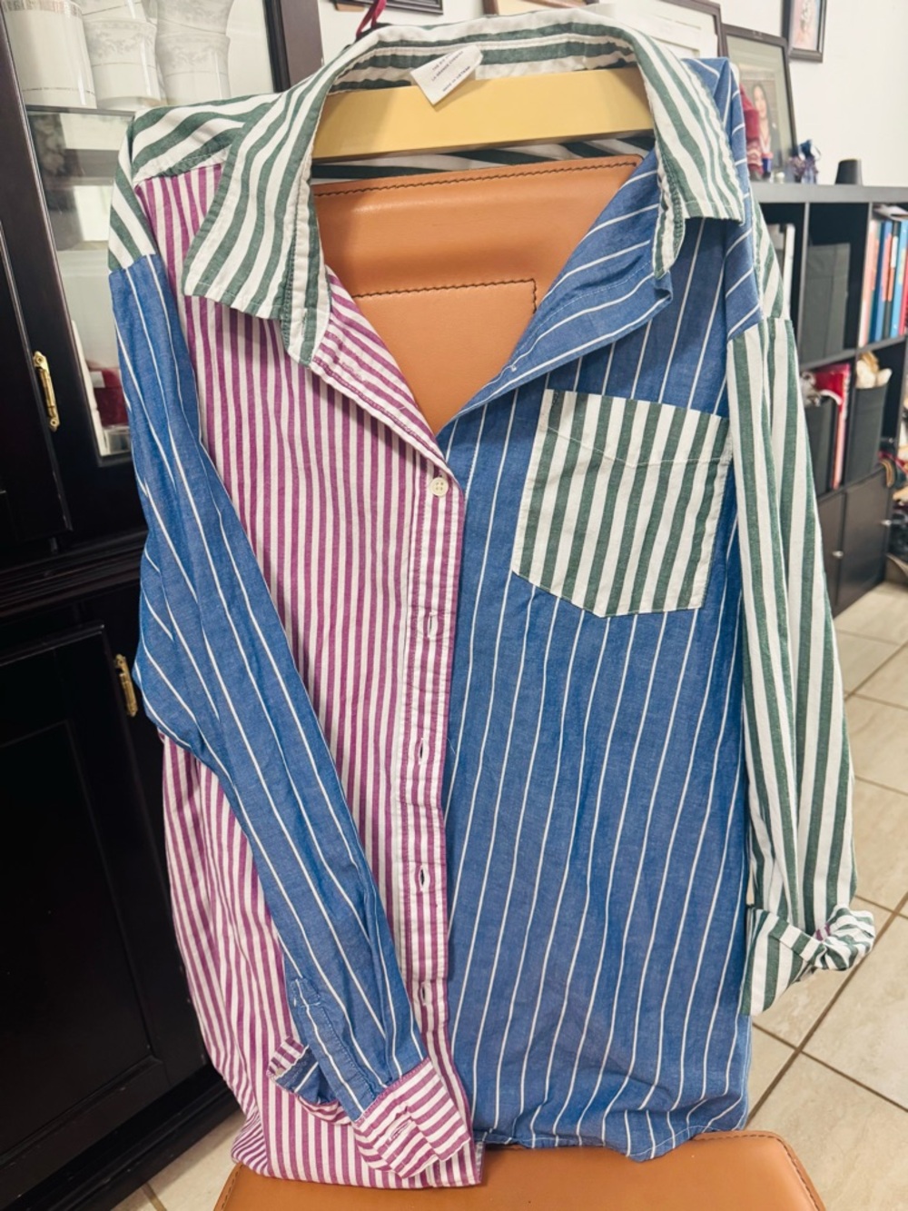 GAP Striped Colorblock Button-Down Shirt in Blue, Green & Pink